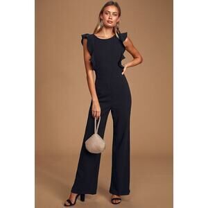 Lulus Feel Your Love Black Ruffled Wide-leg Jumpsuit - Size L